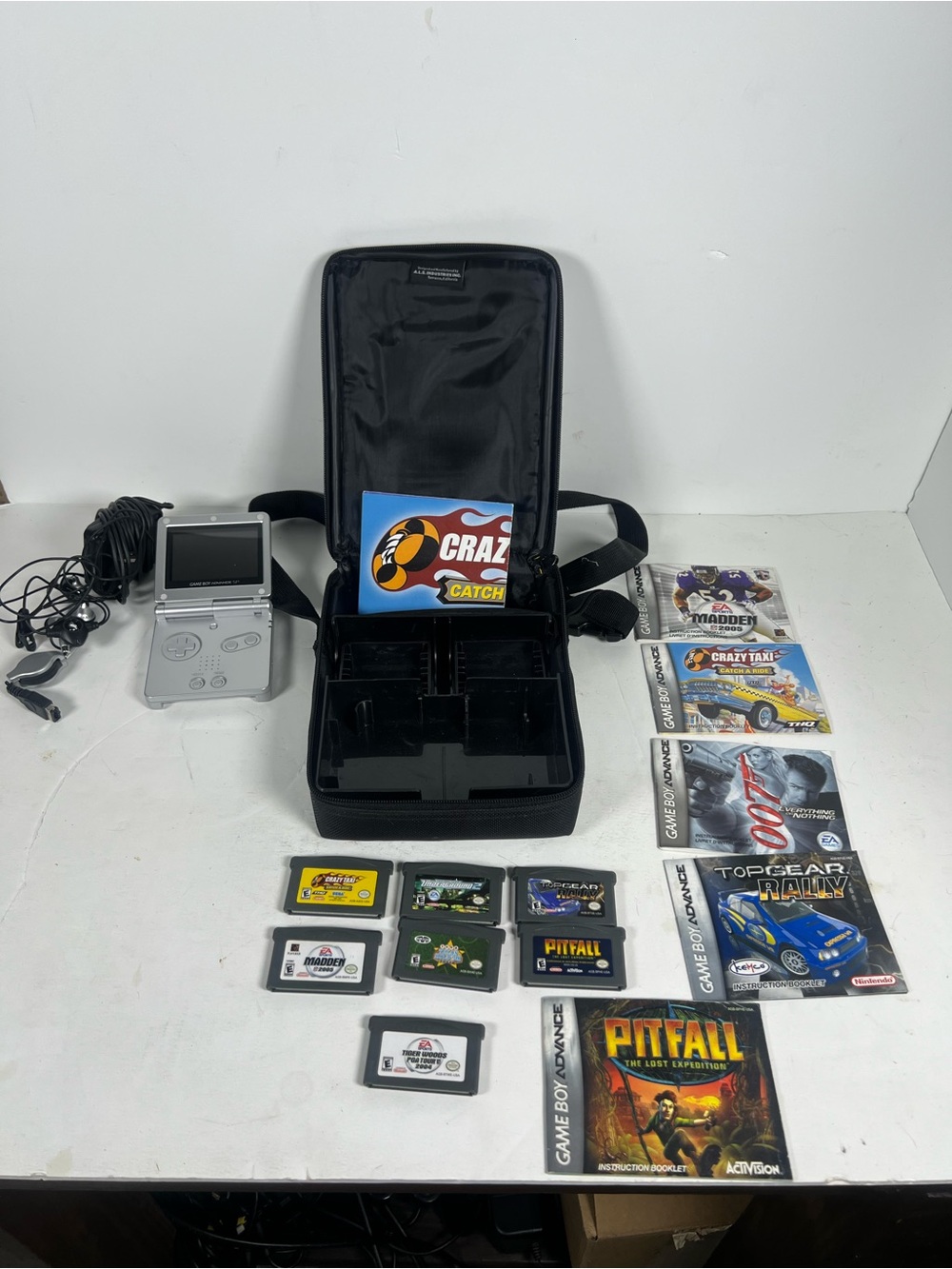 Nintendo Silver Game Boy Advance SP Bundle with Black Case and Games Tested